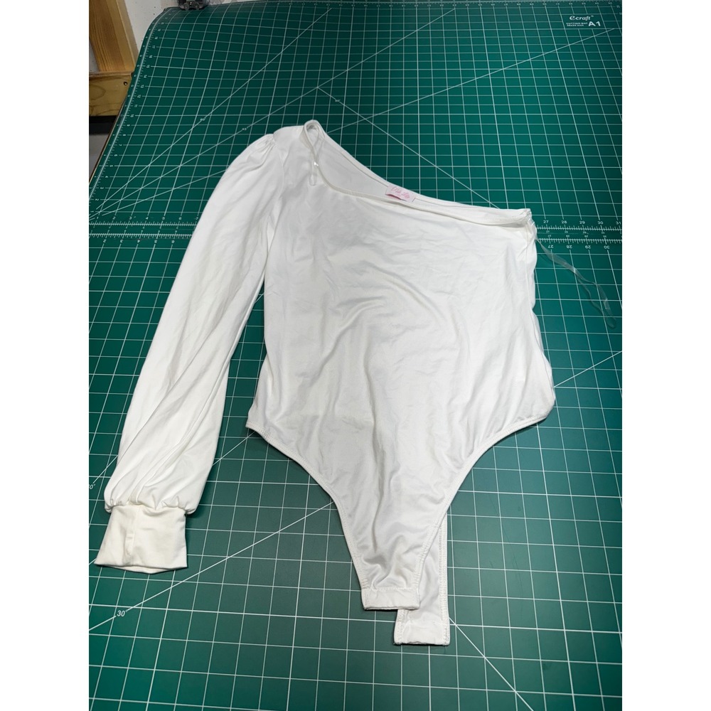 Pink Lily Womens One Shoulder Puff Sleeve Bodysuit White Size Large 3J07